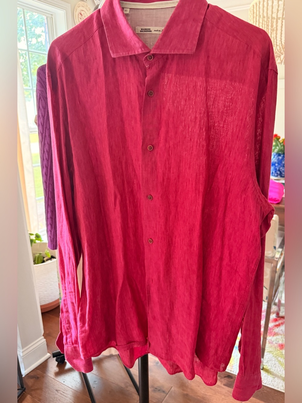 Men's linen Casual Button-Down Shirt in Deep Magenta